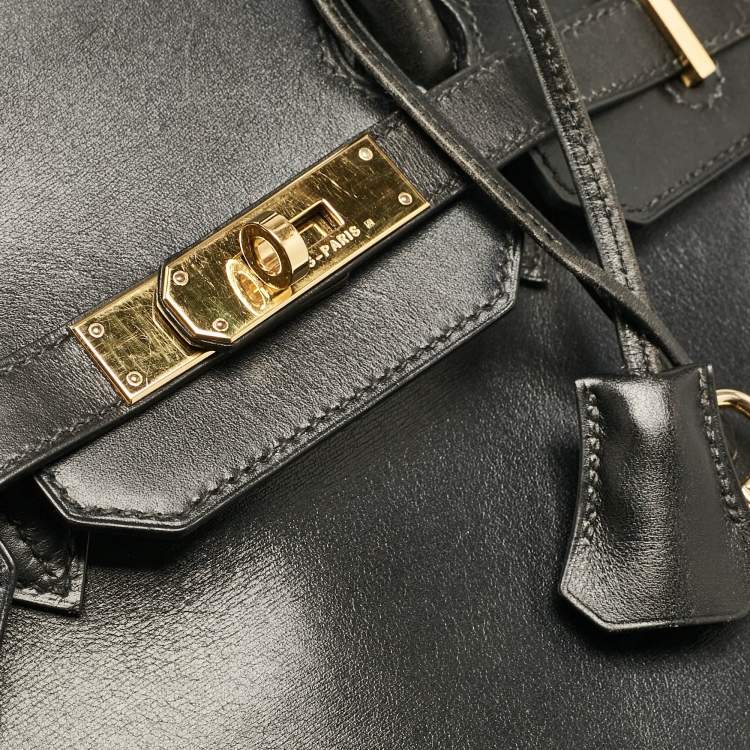 Pre Owned Hermes Noir Box Leather Gold Finish Birkin 35 Bag