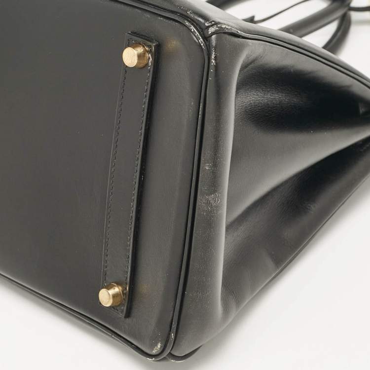 Pre Owned Hermes Noir Box Leather Gold Finish Birkin 35 Bag