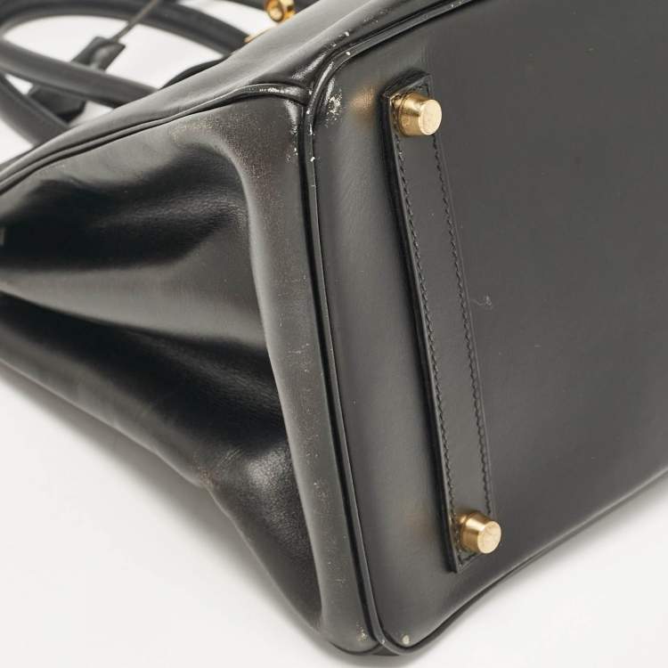 Pre Owned Hermes Noir Box Leather Gold Finish Birkin 35 Bag