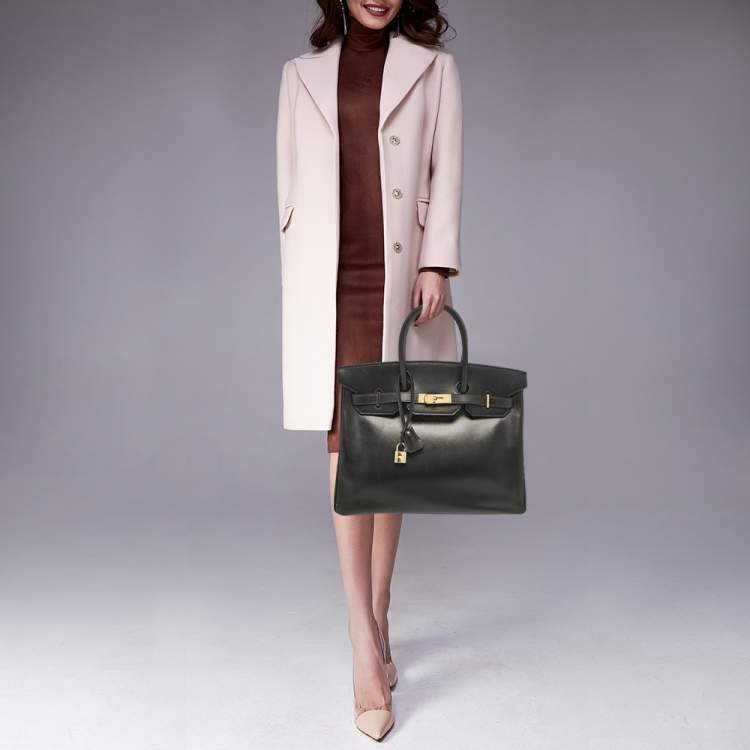 Pre Owned Hermes Noir Box Leather Gold Finish Birkin 35 Bag