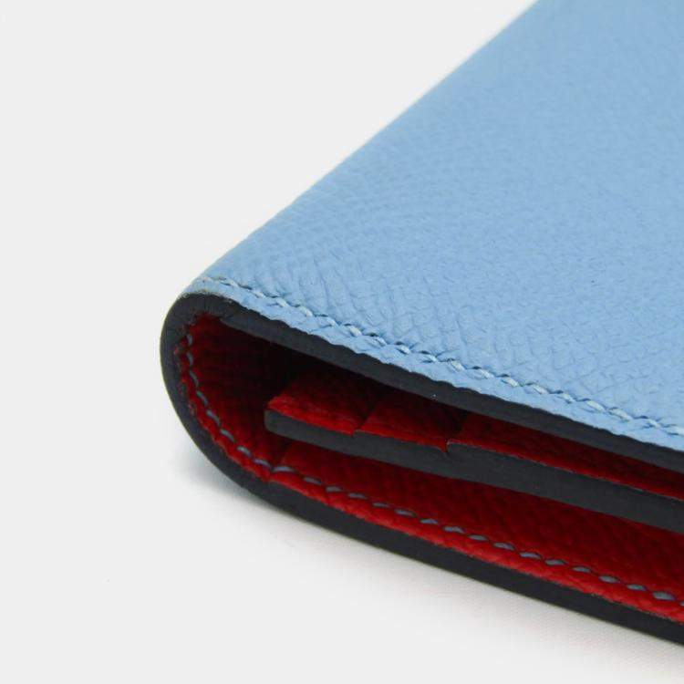 Pre Owned Hermes Light Blue Red Bearn Souffle Leather Long Bi-Fold Wallet