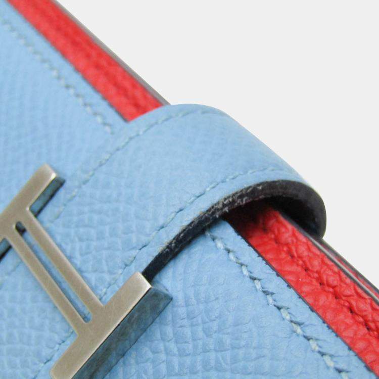 Pre Owned Hermes Light Blue Red Bearn Souffle Leather Long Bi-Fold Wallet