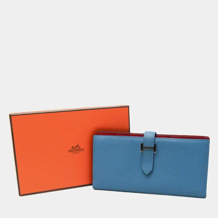 Pre Owned Hermes Light Blue Red Bearn Souffle Leather Long Bi-Fold Wallet