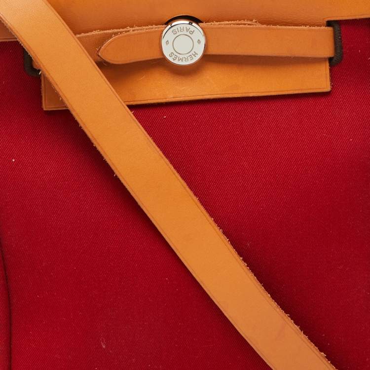 Pre Owned Hermes Rouge Imperial/Natural Canvas and Leather 2-in-1 Herbag TPM Bag
