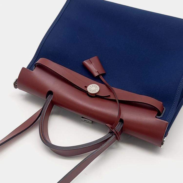 Pre Owned Hermes Blue Brown Fabric and Leather NEW ZIP Erbag Small Bag