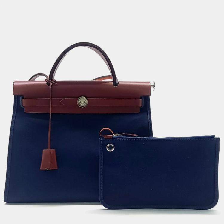 Pre Owned Hermes Blue Brown Fabric and Leather NEW ZIP Erbag Small Bag