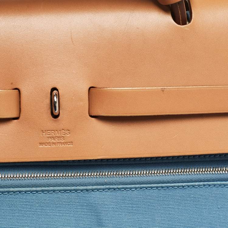 Pre Owned Hermes Bleu Azur/Natural Toile and Vache Hunter Herbag Zip 39 Bag