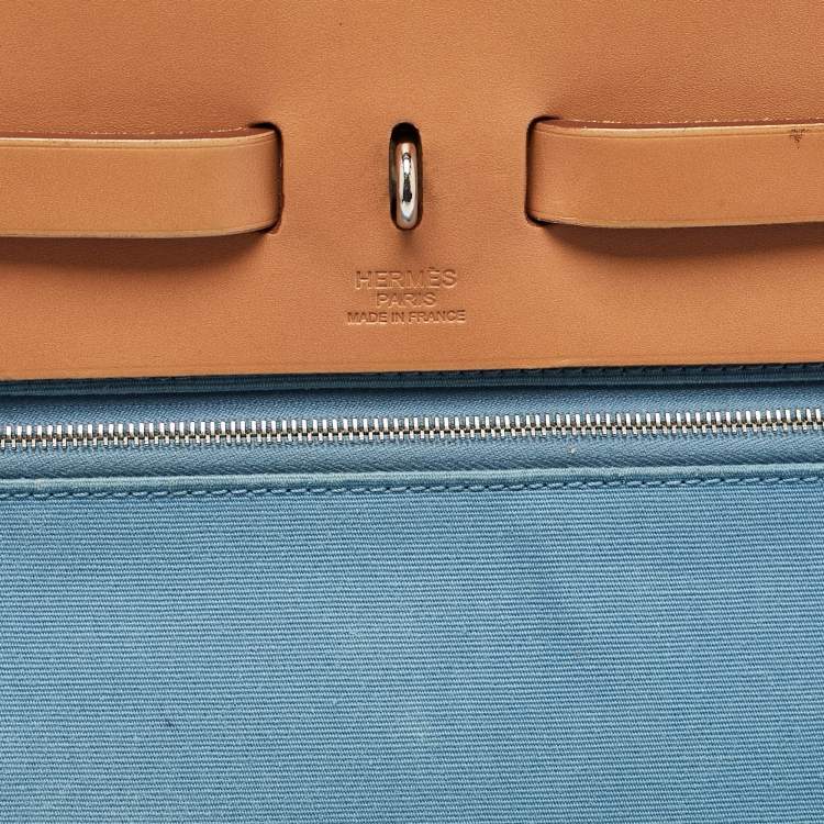 Pre Owned Hermes Bleu Azur/Natural Toile and Vache Hunter Herbag Zip 39 Bag