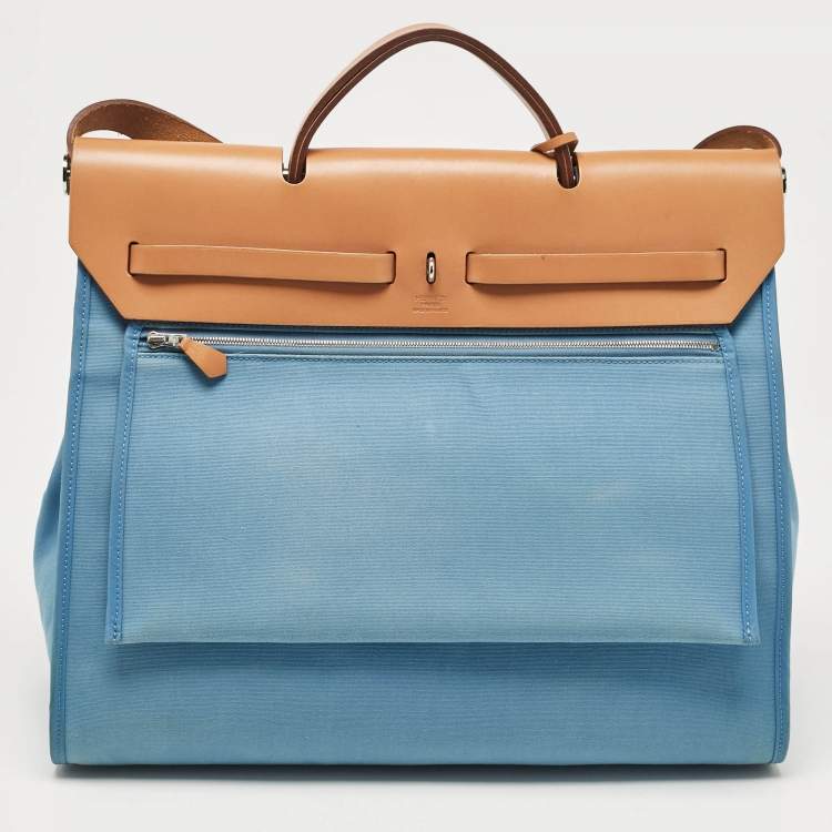Pre Owned Hermes Bleu Azur/Natural Toile and Vache Hunter Herbag Zip 39 Bag
