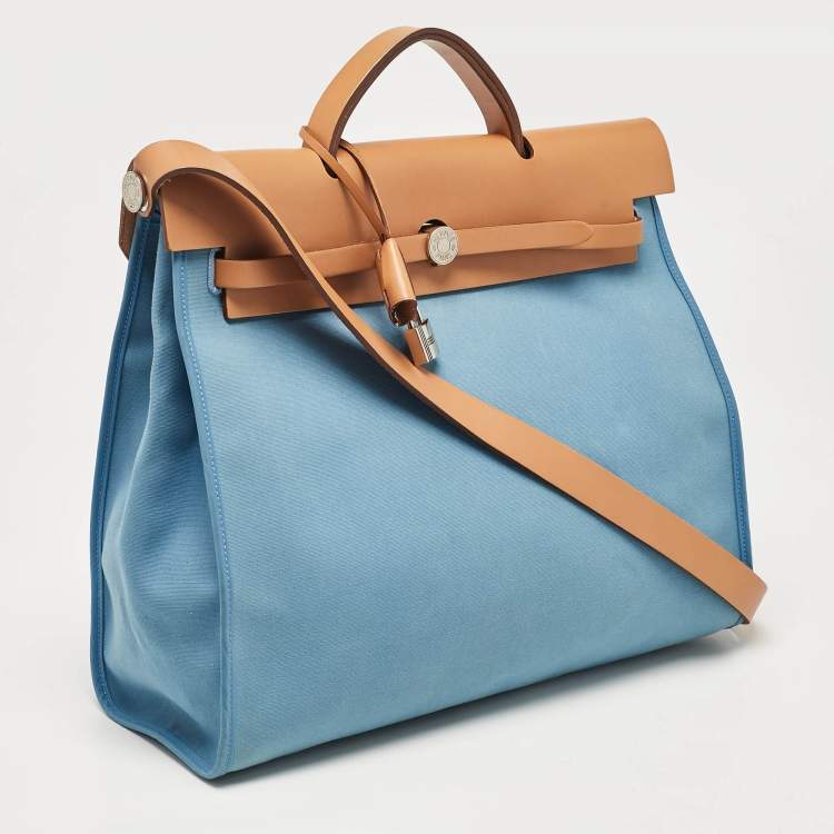 Pre Owned Hermes Bleu Azur/Natural Toile and Vache Hunter Herbag Zip 39 Bag