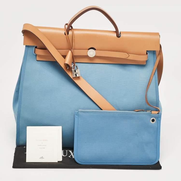 Pre Owned Hermes Bleu Azur/Natural Toile and Vache Hunter Herbag Zip 39 Bag