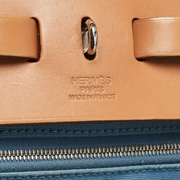 Pre Owned Hermes Bleu Azur/Natural Toile and Vache Hunter Herbag Zip 39 Bag