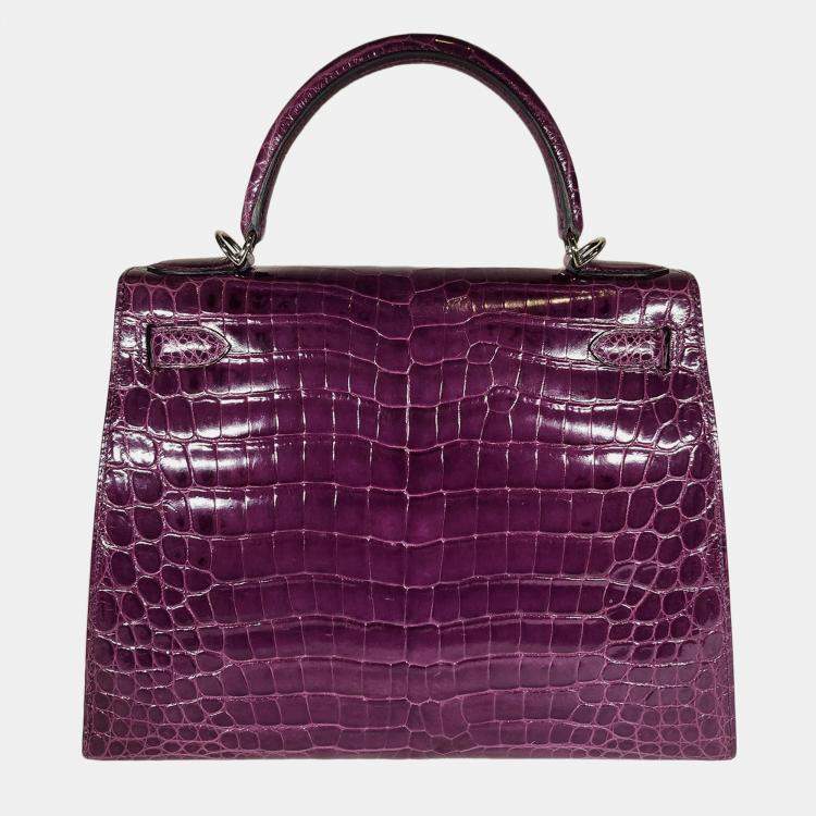 Pre Owned Hermes Shiny Nilo Sellier Amethyst Kelly 28 bag PHW