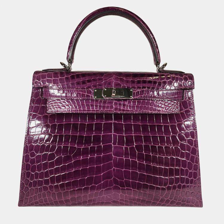 Pre Owned Hermes Shiny Nilo Sellier Amethyst Kelly 28 bag PHW