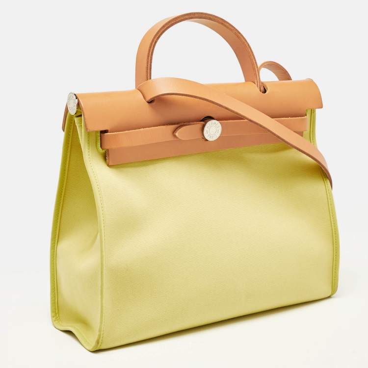 Pre Owned Hermes Lime/Natural Toile and Vache Hunter Herbag Zip 31 Bag
