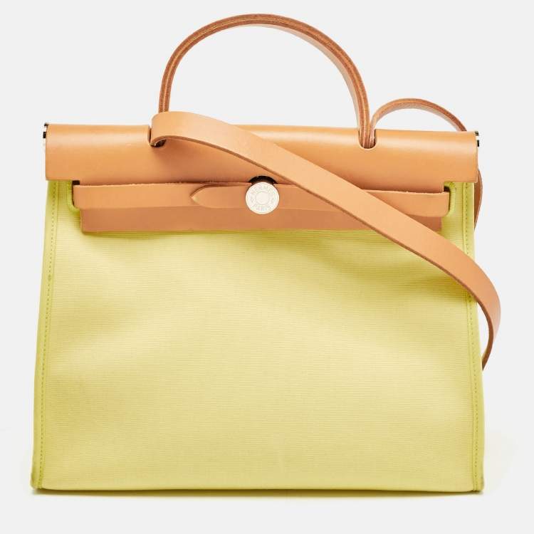 Pre Owned Hermes Lime/Natural Toile and Vache Hunter Herbag Zip 31 Bag