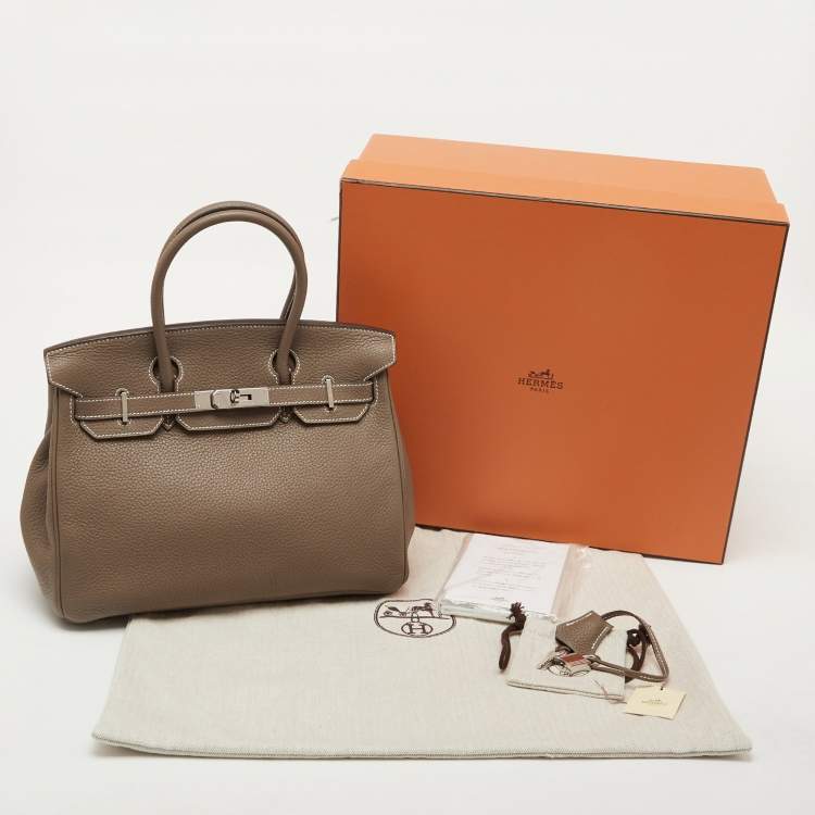 Pre Owned Hermes Etoupe Grey Taurillon Clemence Leather Palladium Finish Birkin 30 Bag