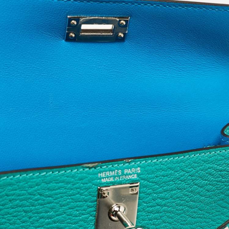 Pre Owned Hermes Vert Verone/Bleu Zanzibar Chevre Leather Palladium Finish Mini Kelly II Sellier 20 Bag