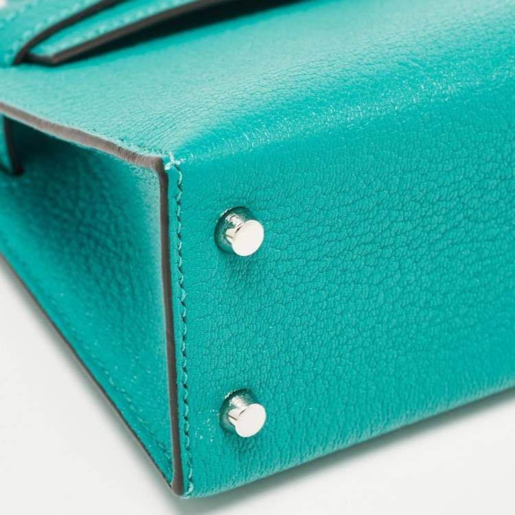 Pre Owned Hermes Vert Verone/Bleu Zanzibar Chevre Leather Palladium Finish Mini Kelly II Sellier 20 Bag