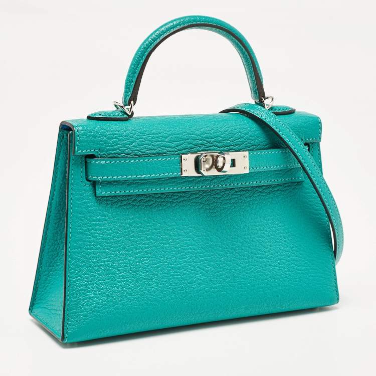 Pre Owned Hermes Vert Verone/Bleu Zanzibar Chevre Leather Palladium Finish Mini Kelly II Sellier 20 Bag