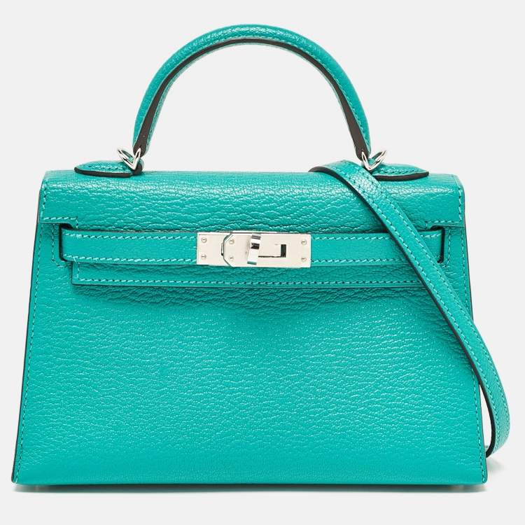 Pre Owned Hermes Vert Verone/Bleu Zanzibar Chevre Leather Palladium Finish Mini Kelly II Sellier 20 Bag