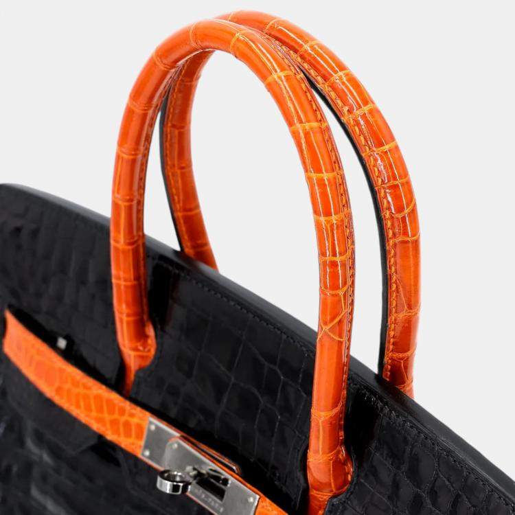 Pre Owned Hermes Orange and Black Niloticus Crocodile Leather Birkin 30