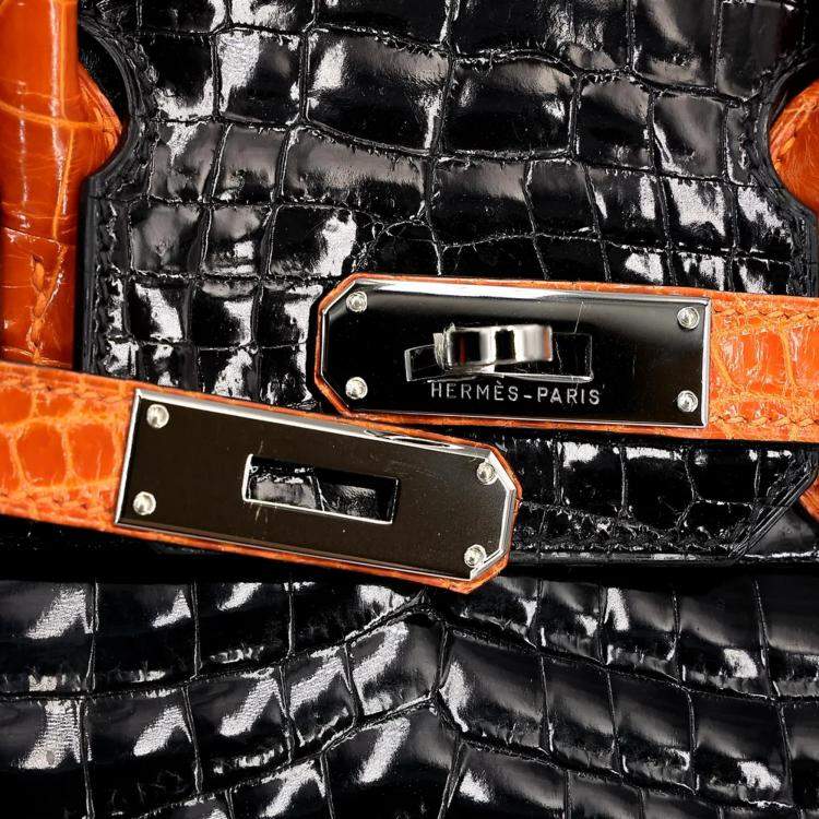 Pre Owned Hermes Orange and Black Niloticus Crocodile Leather Birkin 30