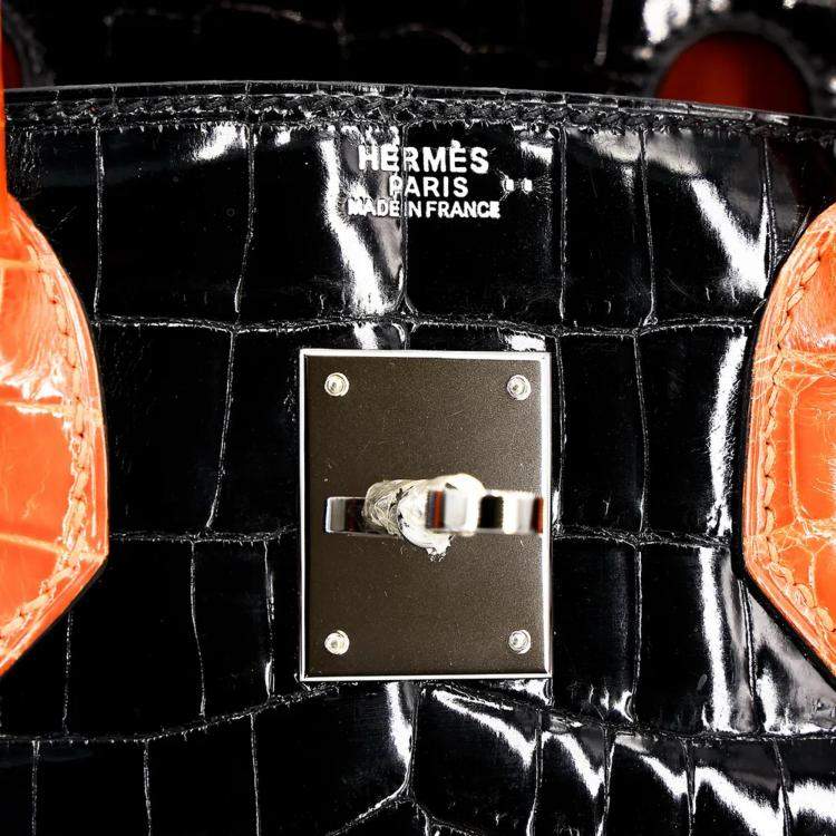 Pre Owned Hermes Orange and Black Niloticus Crocodile Leather Birkin 30