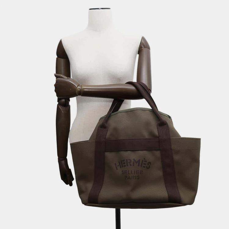 Pre Owned Hermes Groom Khaki/Fu Canvas Leather  Sac De Pansage Bag
