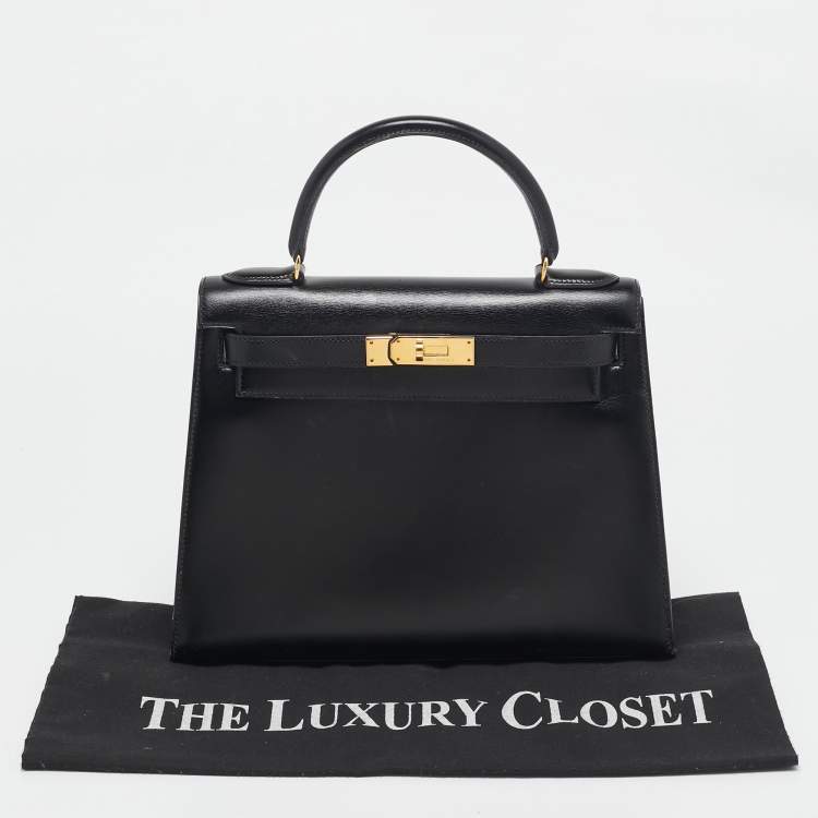 Pre Owned Hermes Noir Box Leather Gold Finish Kelly Sellier 28 Bag