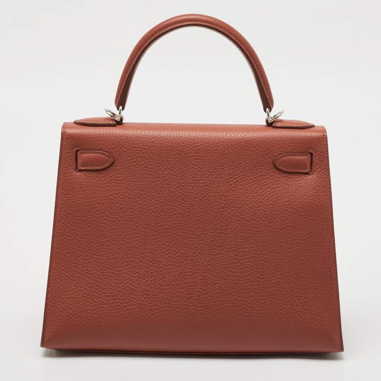 Pre Owned Hermès Brique/Celeste/Cardamome Clemence/Tadelakt/Chevre Leather Palladium Finish Kellygraphie "Lettre E" Kelly Sellier 28 Bag