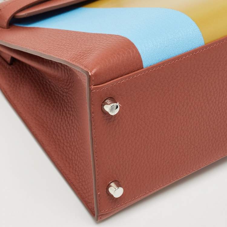 Pre Owned Hermès Brique/Celeste/Cardamome Clemence/Tadelakt/Chevre Leather Palladium Finish Kellygraphie "Lettre E" Kelly Sellier 28 Bag