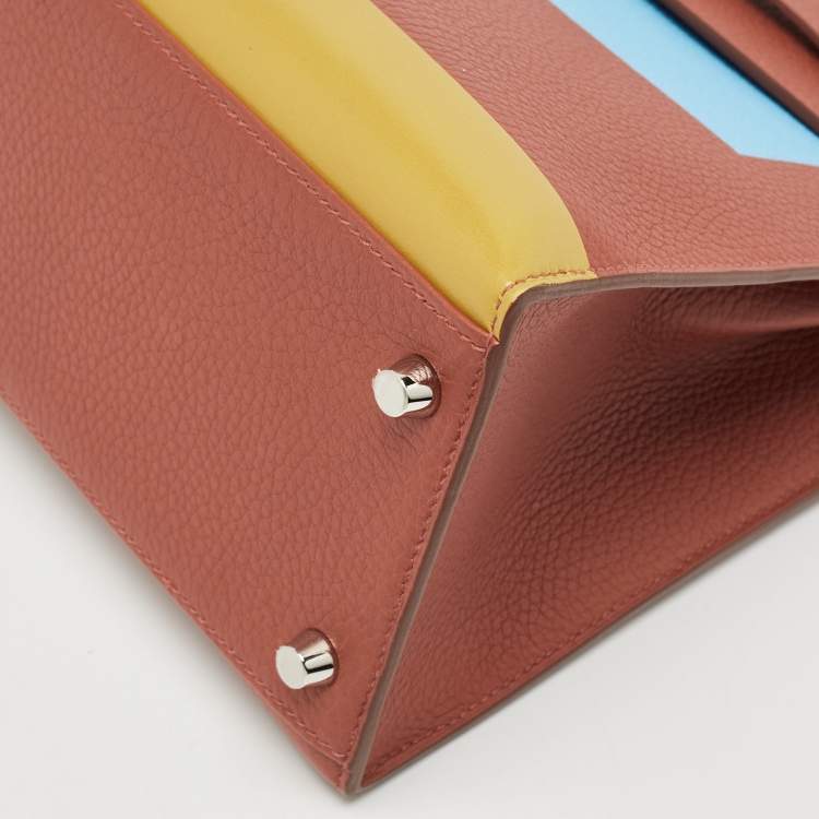 Pre Owned Hermès Brique/Celeste/Cardamome Clemence/Tadelakt/Chevre Leather Palladium Finish Kellygraphie "Lettre E" Kelly Sellier 28 Bag