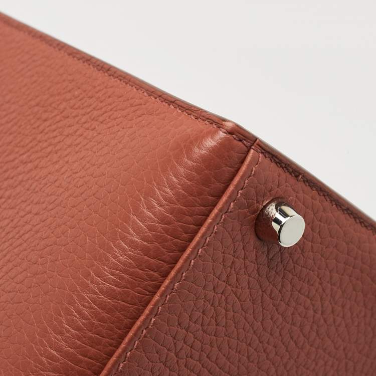 Pre Owned Hermès Brique/Celeste/Cardamome Clemence/Tadelakt/Chevre Leather Palladium Finish Kellygraphie "Lettre E" Kelly Sellier 28 Bag