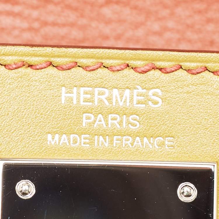 Pre Owned Hermès Brique/Celeste/Cardamome Clemence/Tadelakt/Chevre Leather Palladium Finish Kellygraphie "Lettre E" Kelly Sellier 28 Bag