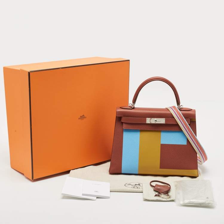 Pre Owned Hermès Brique/Celeste/Cardamome Clemence/Tadelakt/Chevre Leather Palladium Finish Kellygraphie "Lettre E" Kelly Sellier 28 Bag