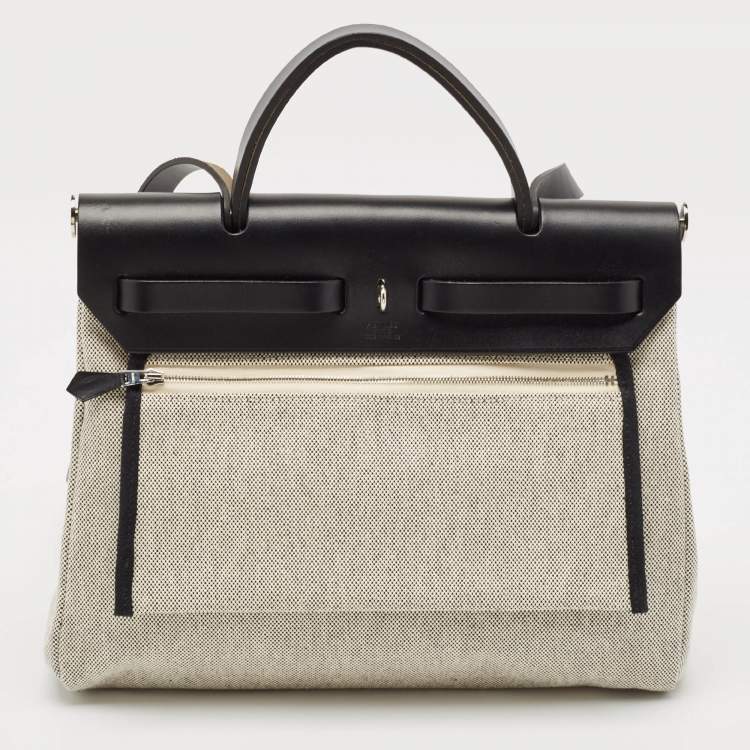 Pre Owned Hermès Ecru/Noir/ Bleu Indigo Toile H and Vache Hunter Pegase Pop Herbag Zip 31 Bag
