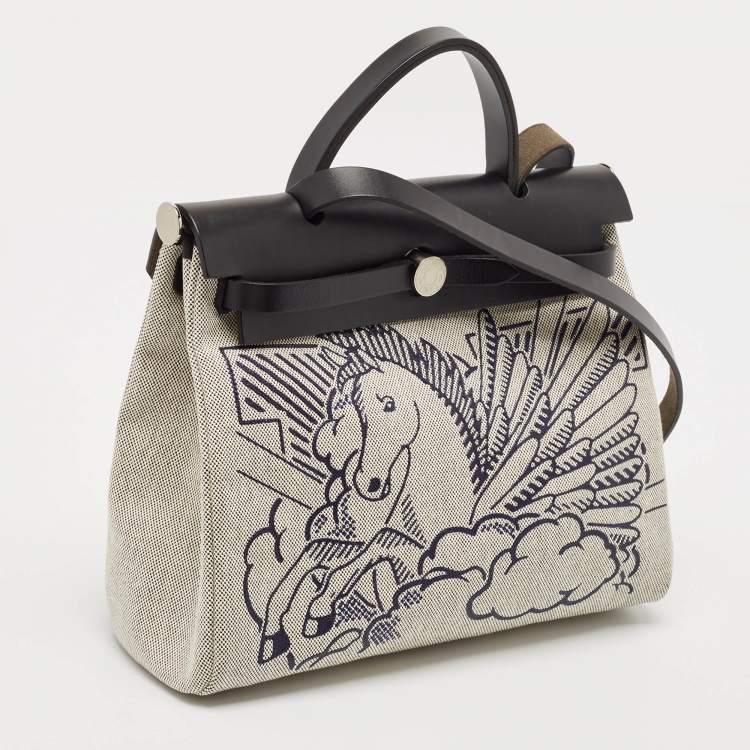 Pre Owned Hermès Ecru/Noir/ Bleu Indigo Toile H and Vache Hunter Pegase Pop Herbag Zip 31 Bag