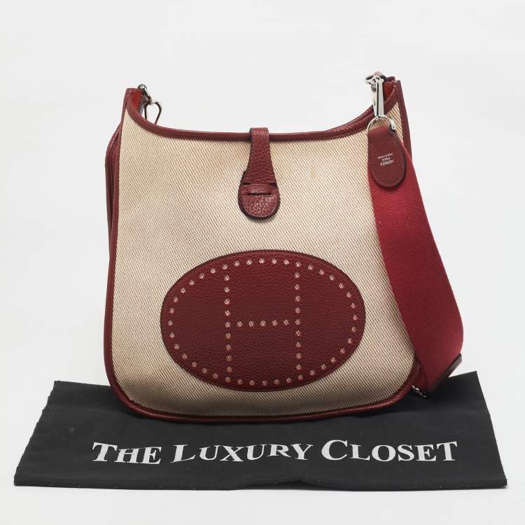 Pre Owned Hermes Rouge H/Beige Taurillon Clemence Leather and Canvas Evelyne III PM Bag