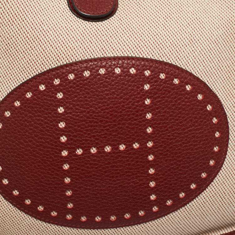 Pre Owned Hermes Rouge H/Beige Taurillon Clemence Leather and Canvas Evelyne III PM Bag