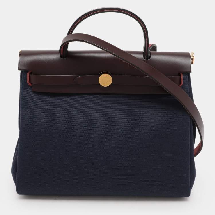 Pre Owned Hermès Navy Blue/Brown Toile Canvas and Leather Herbag Zip 31 Bag