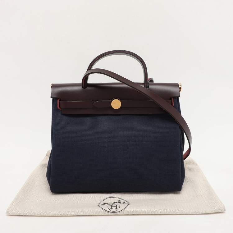 Pre Owned Hermès Navy Blue/Brown Toile Canvas and Leather Herbag Zip 31 Bag