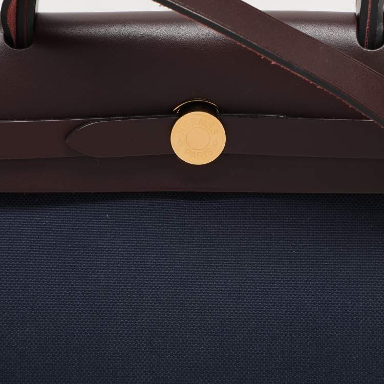 Pre Owned Hermès Navy Blue/Brown Toile Canvas and Leather Herbag Zip 31 Bag