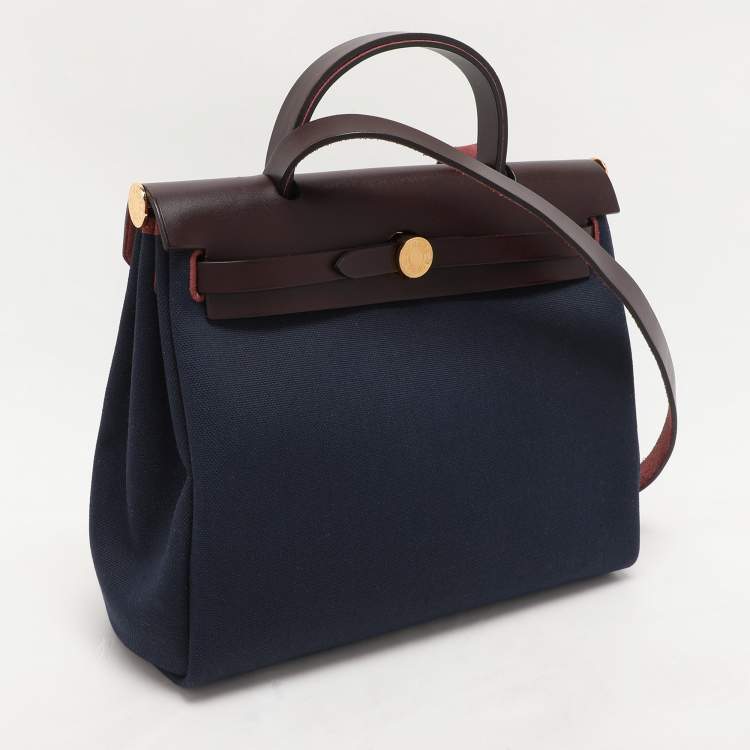Pre Owned Hermès Navy Blue/Brown Toile Canvas and Leather Herbag Zip 31 Bag