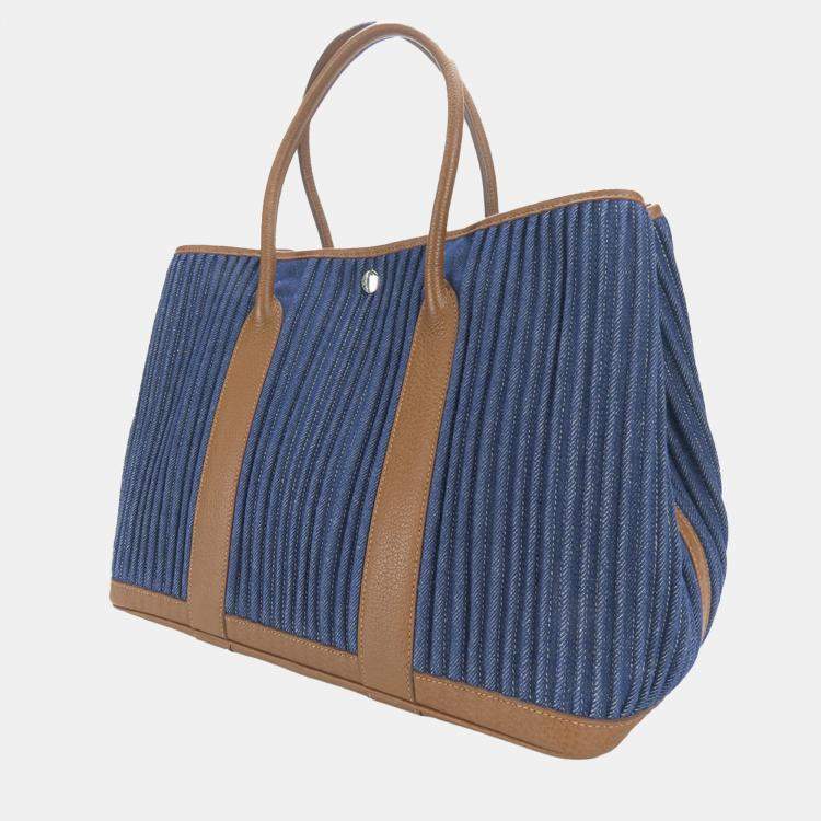 Pre Owned Hermes Tote Bag Garden 36 Denim Leather Pal Blue Indigo Indian Brown