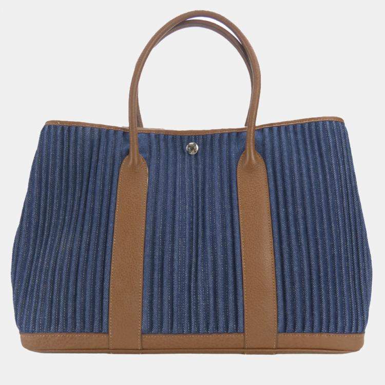 Pre Owned Hermes Tote Bag Garden 36 Denim Leather Pal Blue Indigo Indian Brown