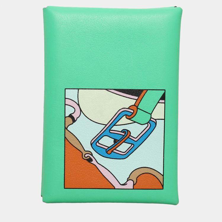 Pre Owned Hermes Vert Comics Swift Leather Saddle Printed Calvi Duo Wallet