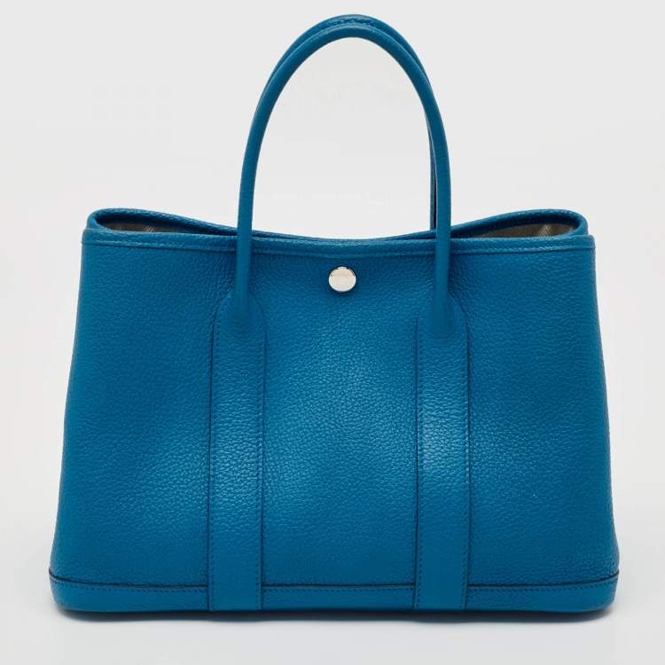 Pre Owned Hermes Bleu Zanzibar Negonda Leather Garden Party 30 Bag