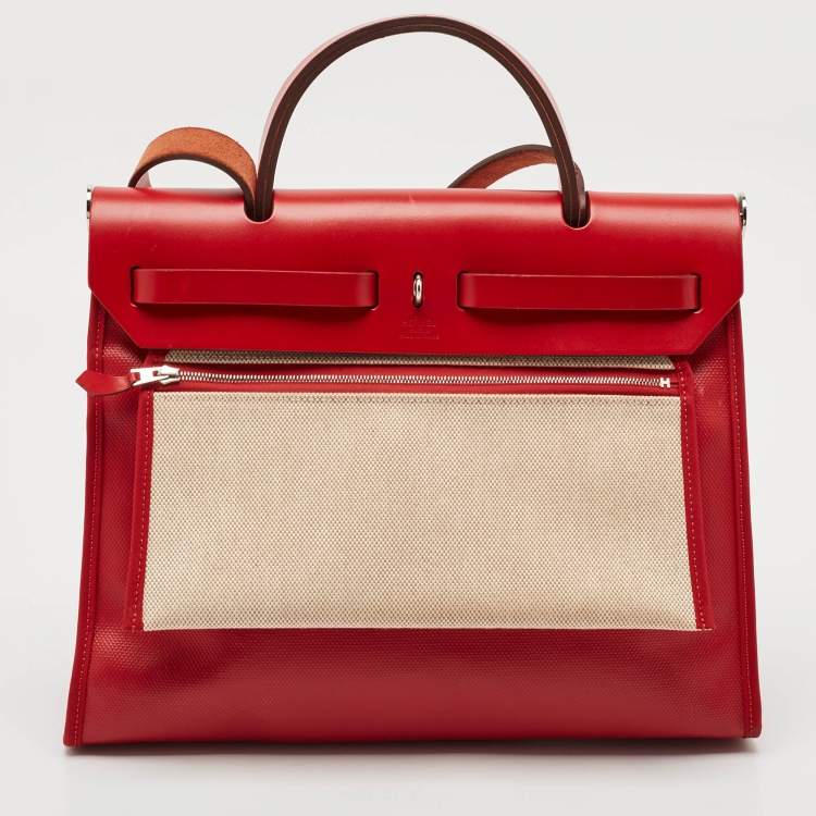 Pre Owned Hermes Rouge Piment/Ecru Toile H Berline and Vache Hunter Herbag Zip 31 Bag