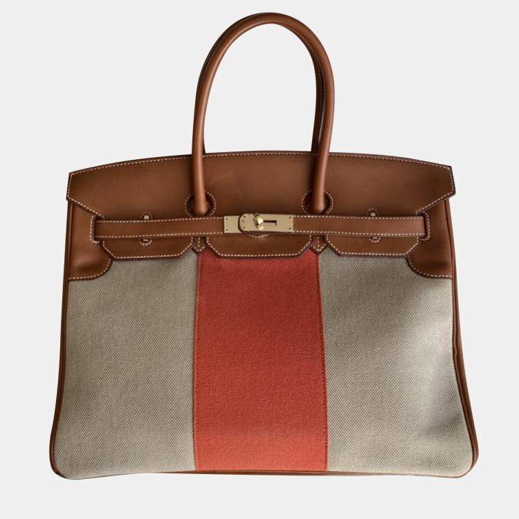 Pre Owned Hermes Fauve, Naturel and Paprika Toile and Barenia Flag Birkin 35 Handbag